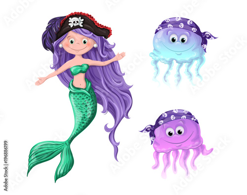 Lovely cartoon characters - a mermaid and jellyfish in pirate hats.