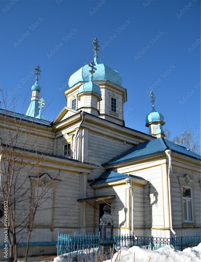 Russian wooden Church, temple, birch, spring, Ufa, Russia