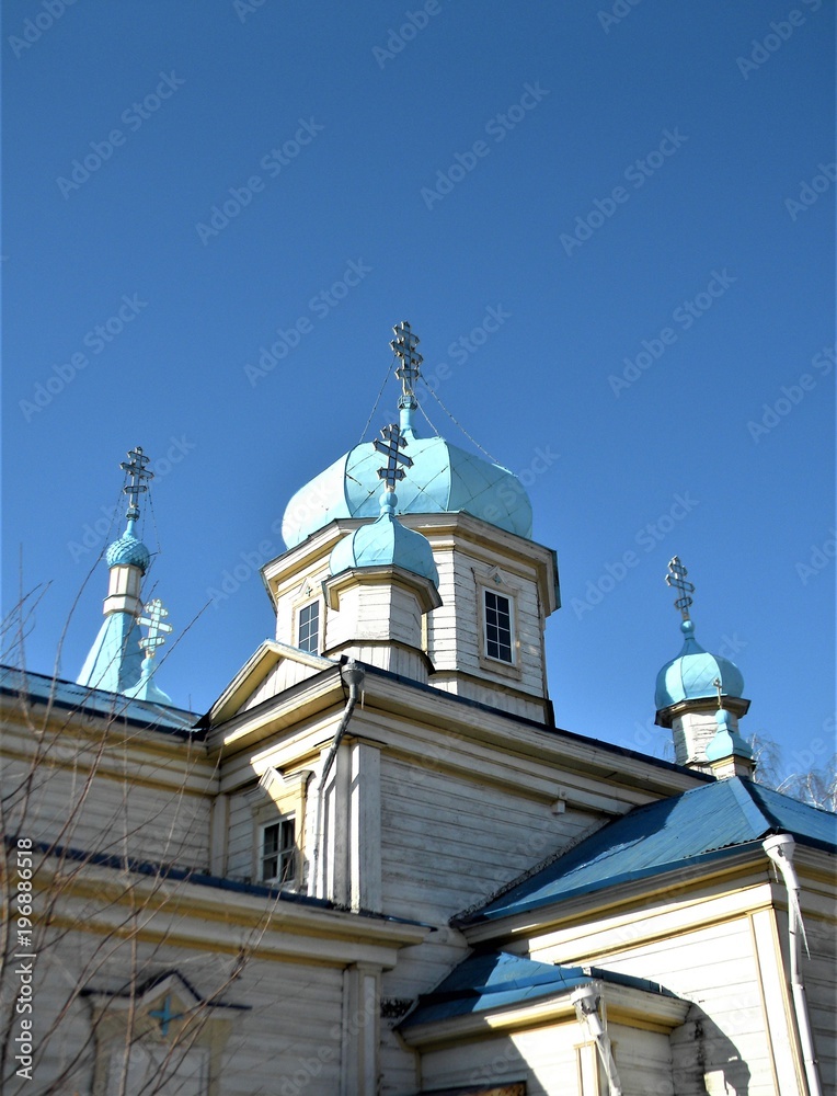 Russian wooden Church, temple, birch, spring, Ufa, Russia Russian wooden Church, temple, birch, spring, Ufa, Russia