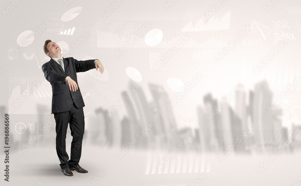Sleepless businessman with city and report in a dream concept Sleepless businessman with city and report in a dream concept