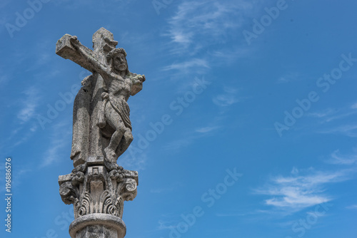 Close-up of one of the numerous medieval cruceiros  calvary  in Combarro