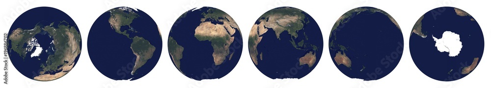 Fototapeta premium Earth from space. Set of satellite images of planet Earth. Realistic photo of Earth frome above. Space views of hemispheres. Texture of Earth. Elements of this image furnished by NASA.