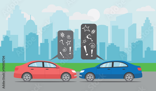 Fototapeta Naklejka Na Ścianę i Meble -  Two cars facing each other with angry bubbles on the city road with city background.
 Angry drivers at city. Flat design. Vector illustration.