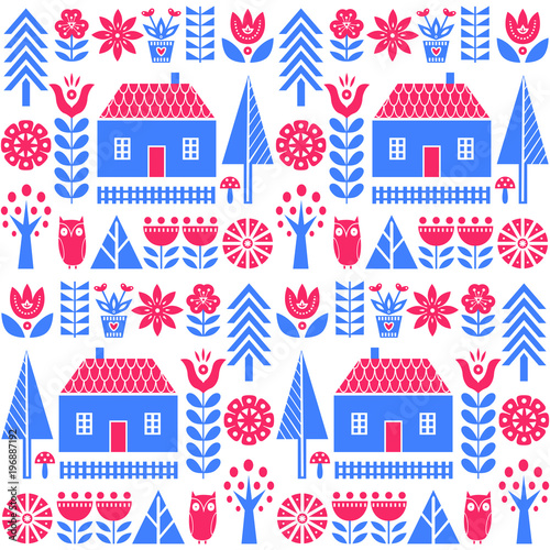 Scandinavian folk art seamless vector pattern with flowers, trees, mushrooms, owl, houses and rural scenery in simple style