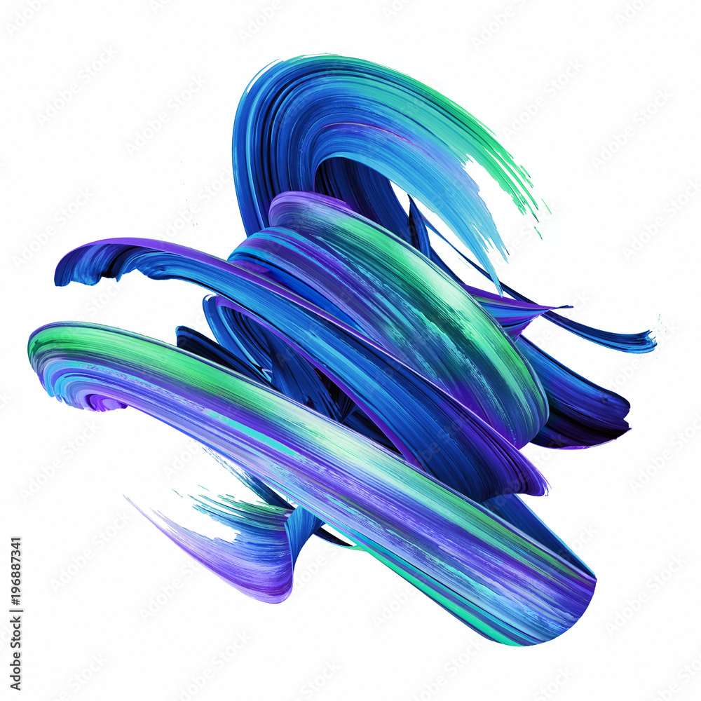 3d render, abstract twisted brush stroke, paint splash, splatter, colorful spiral, artistic smear, blue hieroglyph, isolated on white - obrazy, fototapety, plakaty 