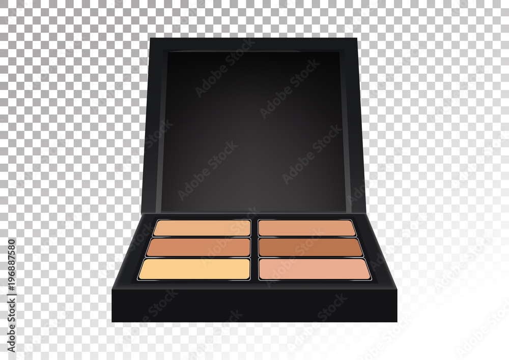Cosmetic realistic plastic black compact pallet with means for face correction, concealers. Cosmetic beauty make up product package template,vector illustration.Isolated on transparent background. Cosmetic realistic plastic black compact pallet with means for face correction, concealers. Cosmetic beauty make up product package template,vector illustration.Isolated on transparent background.