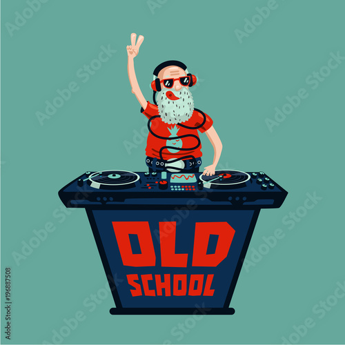 Old school retro party. Senior adult dj with vinyl.