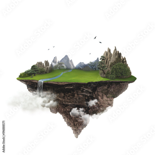 Fototapeta Odosobniona zielona spławowa wyspa z górą i siklawą lata wysoko w niebie