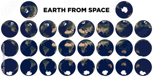 Earth from space. Set of satellite images of planet Earth. Realistic photo of Earth frome above. Space views of hemispheres. Texture of Earth. Elements of this image furnished by NASA. photo