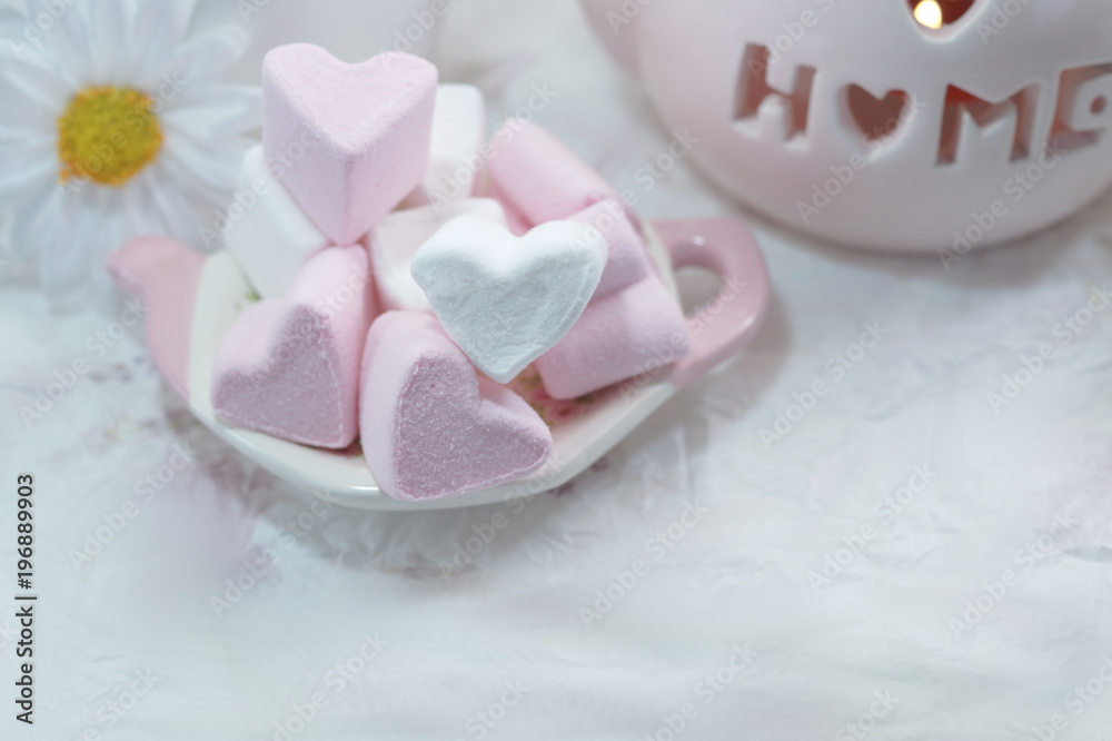 Pink and White Marshmallow marshmallow in heart shape on the table . Pastel color dessert. Selective focus. Soft focus
Pink and White Marshmallow marshmallow in heart shape on the table . Pastel color dessert. Selective focus. Soft focus