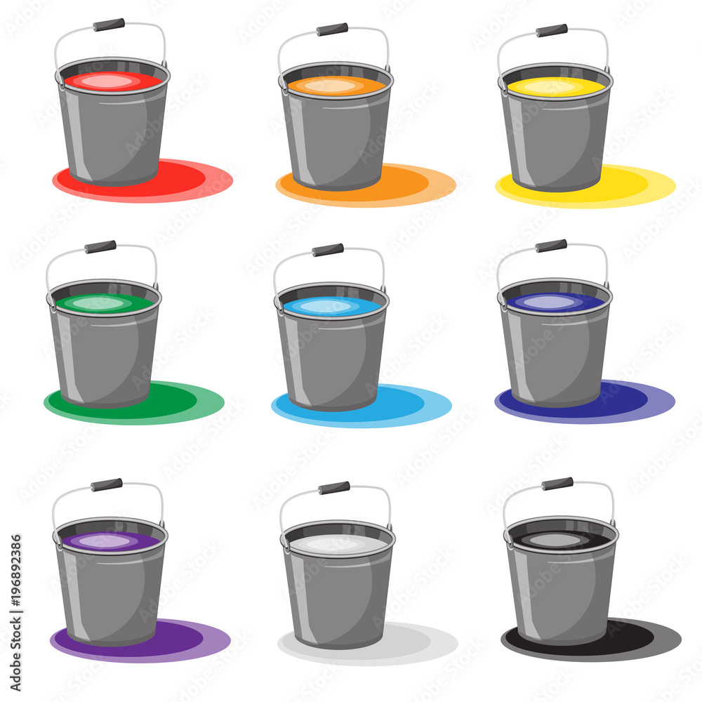 Set of buckets with paint. Spilled paint. Icons color.Isolated on white background