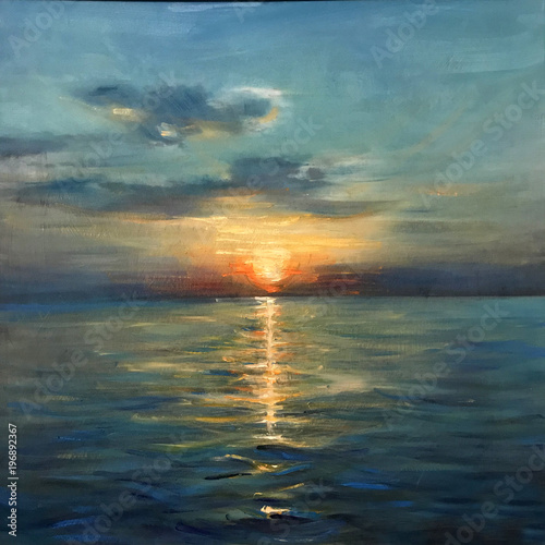 Drawing of bright sunset sunrise over the sea
