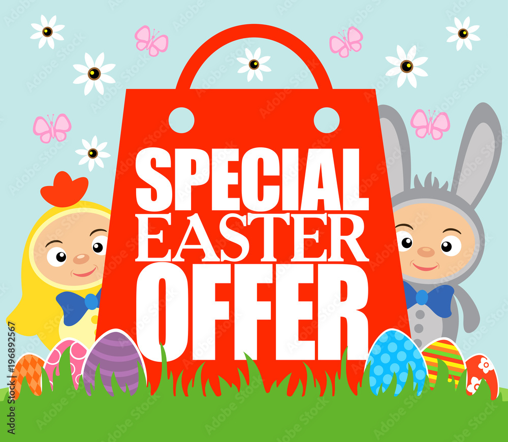 Fototapeta premium Special Easter Offer card with kids in costume chicken and rabbit