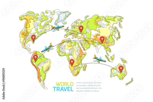 Travel around the world and tourism concept. Vector abstract world map and flying airplanes. Isolated hand drawn illustration.
