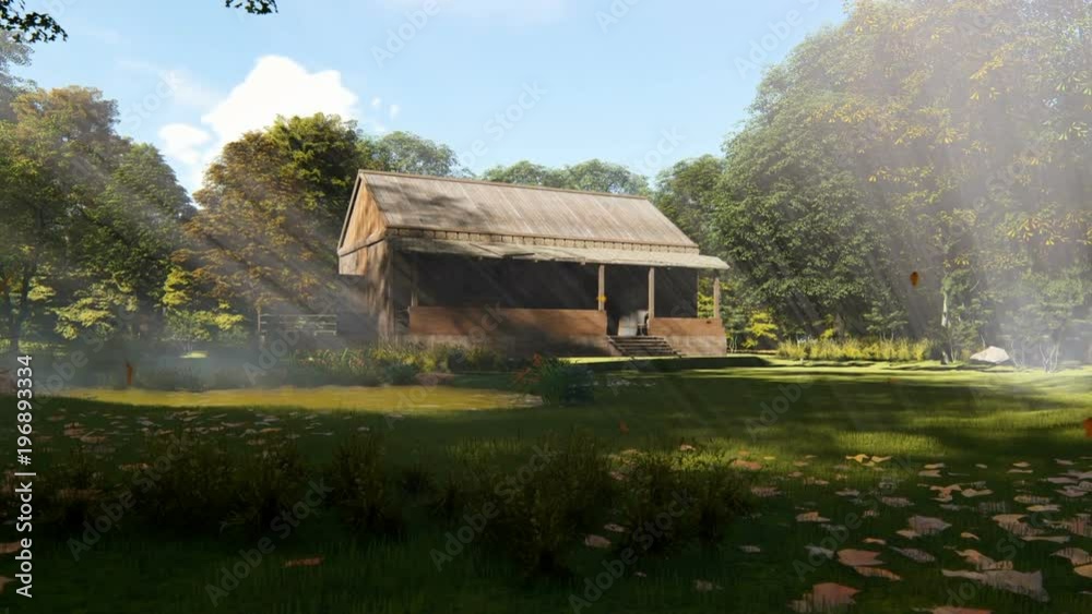 Farm house in the woods, sun rays and blowing leafs, panning, zoom out