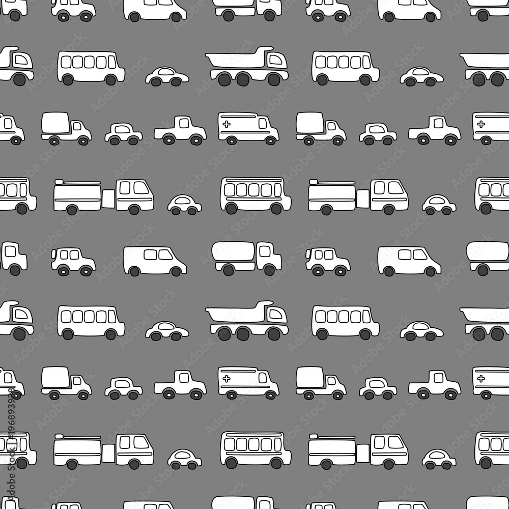 Seamless pattern of doodles cars. Vector grey and white background in cartoon style. Can be used for children wallpapers, web site background or wrapping paper. Seamless pattern of doodles cars. Vector grey and white background in cartoon style. Can be used for children wallpapers, web site background or wrapping paper.