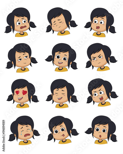 Set of Little girl face expression,vector illustrations isolated on white background.