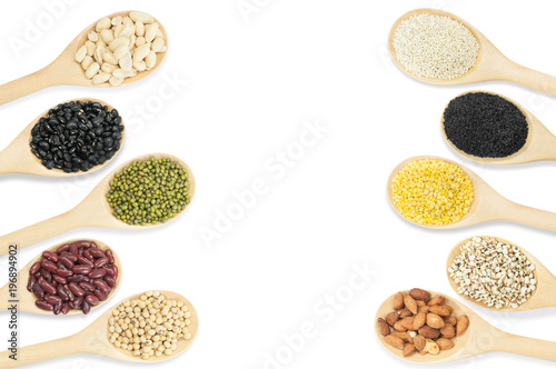 Collection set of beans and sesame on wooden spoons isolated on white background,top view