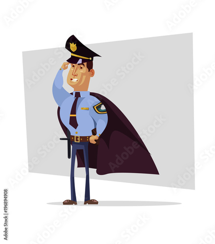 Strong brave policeman superhero character in cape. Authority justice law concept. Vector flat cartoon illustration