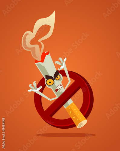 No smoking sign and angry bad danger cigarette monster character mascot in restrict red circle. Tobacco smoke habit addiction dependence problem concept. Vector flat cartoon illustration 