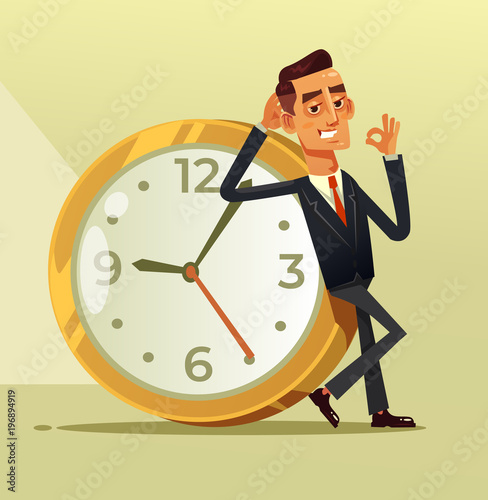 Happy calm businessman office worker character sitting on big clock a showing ok sigh. Stop time clock organization concept. Vector flat cartoon illustration
