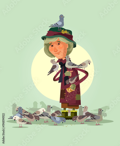 Happy smiling elderly woman character feeding pigeons. Vector flat cartoon illustration