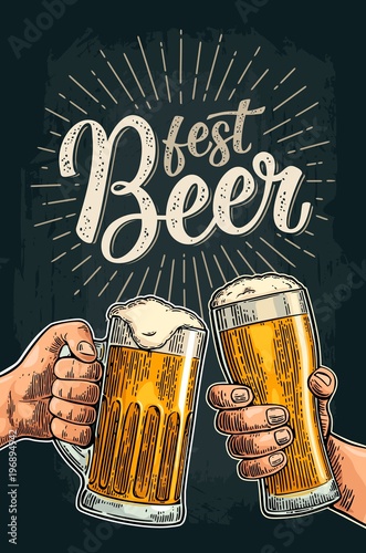 Two hands holding and clinking with beer glasses and bottle