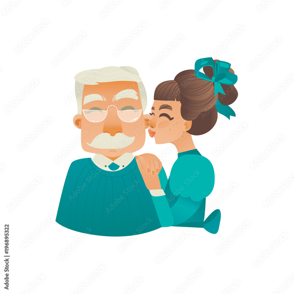 Cartoon adult daughter kissing elderly grandfather in cheek. Happy family people, young woman and elderly man. Smiling male female characters, parenting concept. Vector isolated illustration