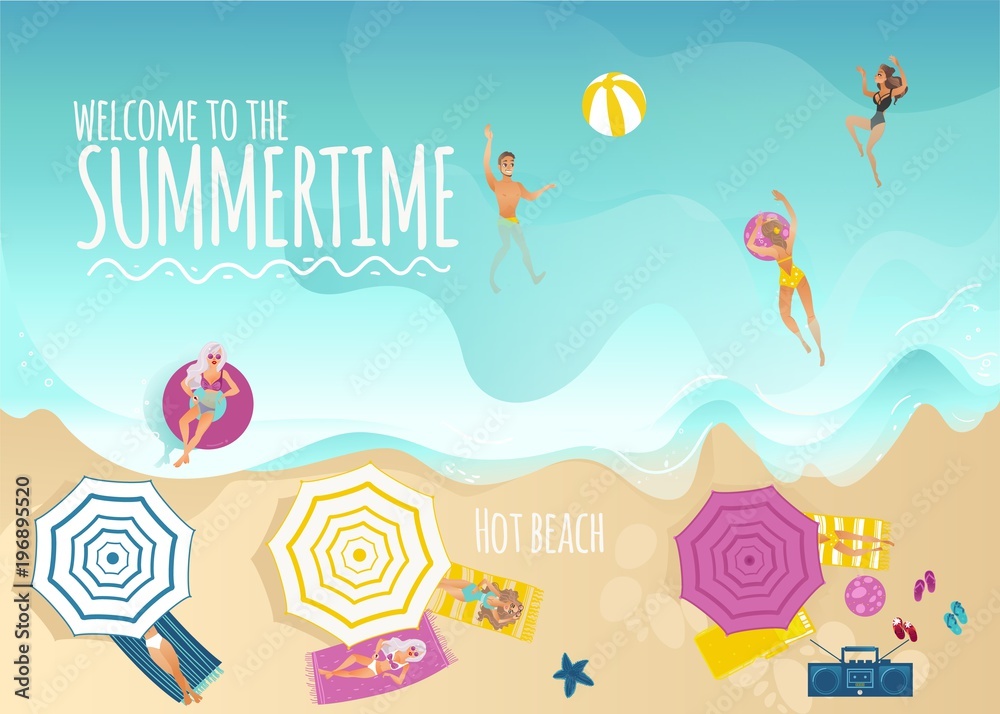Summer vacation and holiday time banner with top view of people sunbathing on beach under umbrellas and swimming and playing in sea with inflatable ball. Cartoon vector illustration.