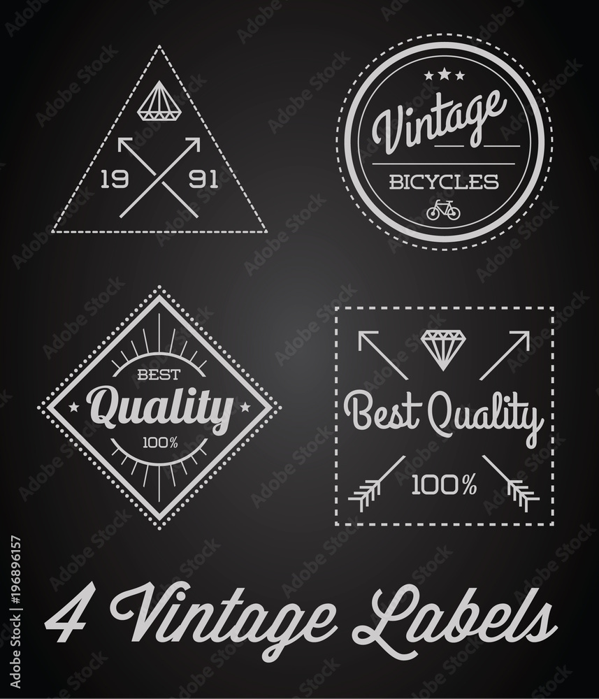 Raster Set of 4 of Vintage Retro Style Premium Design Labels Black and White