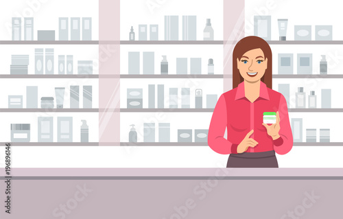 Young woman seller offering face cream at the counter of a beauty shop opposite shelves with skin care products. Cosmetic store vector cartoon background