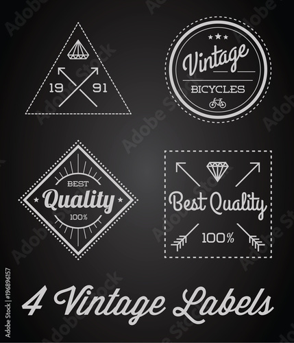 Raster Set of 4 of Vintage Retro Style Premium Design Labels Black and White