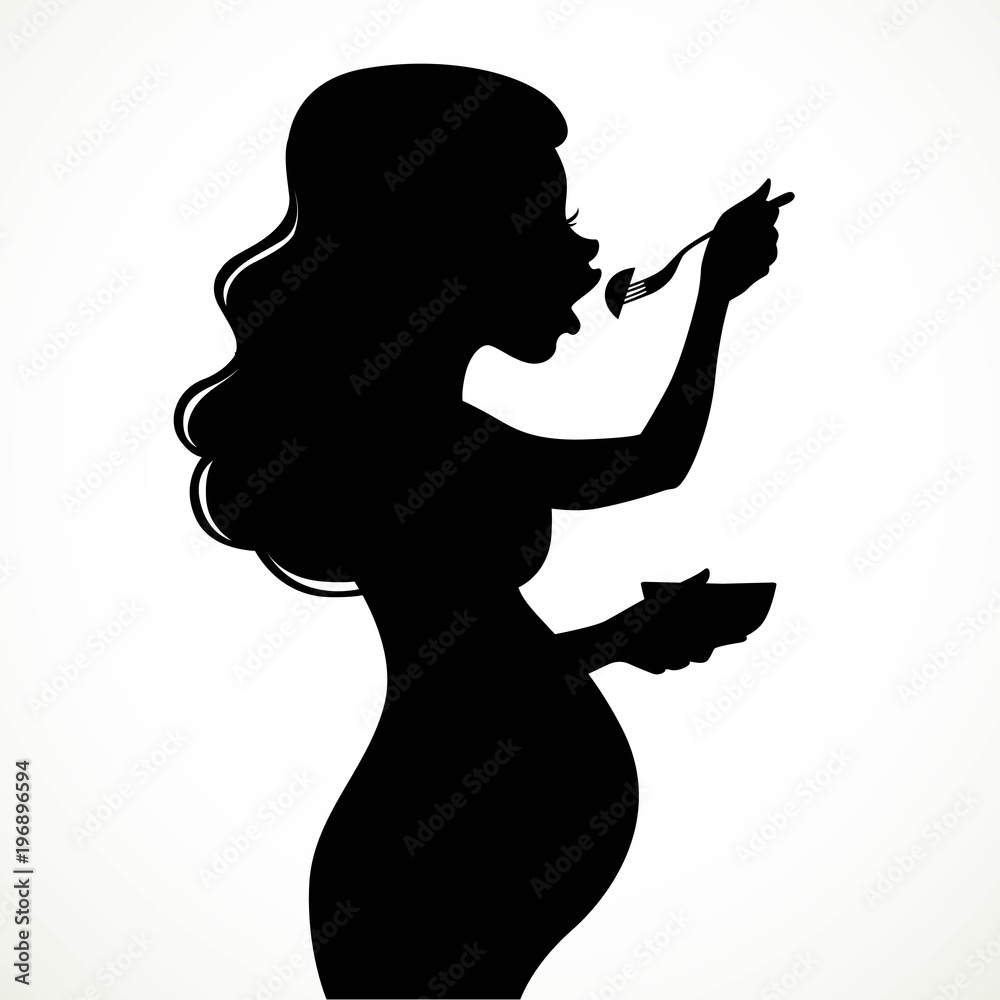 Silhouette of a beautiful young pregnant woman eat with appetite isolated on white background