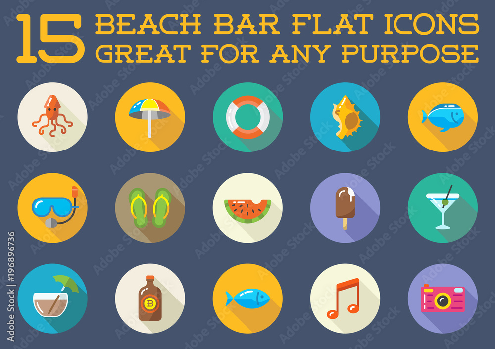 Set of Raster Beach Sea Bar Flat Icons Elements and Summer can be used as Logo or Icon in premium quality