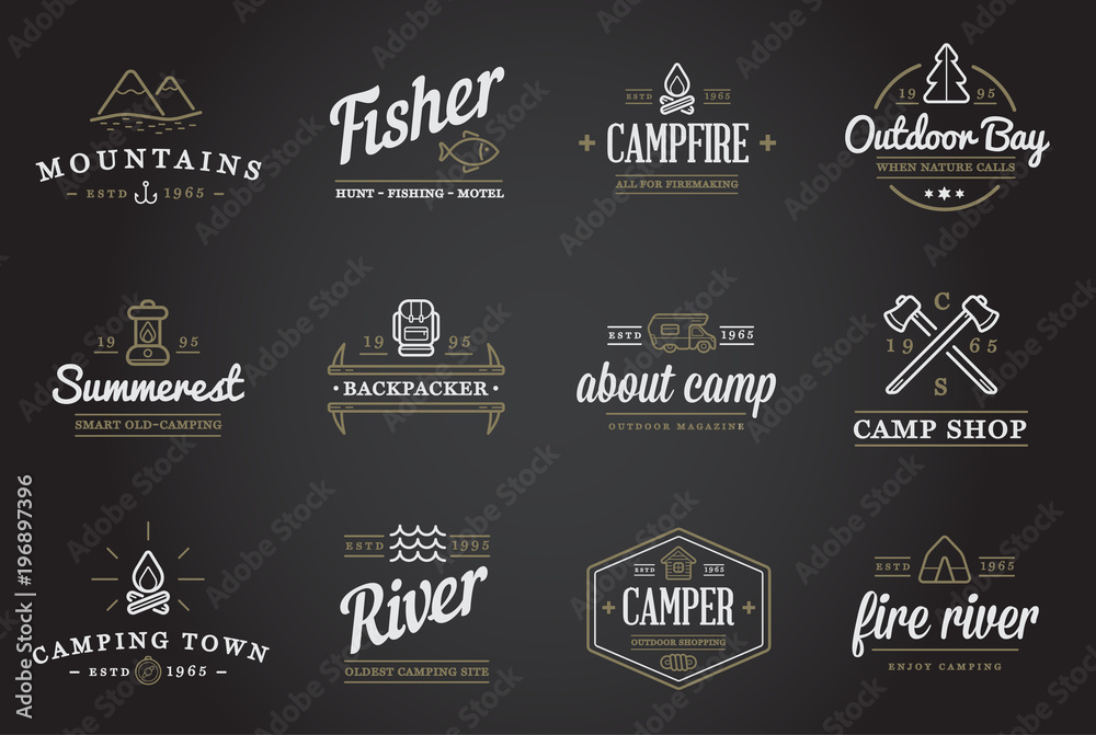 Set of Raster Camping Camp Elements and Outdoor Activity Icons Illustration can be used as Logo or Icon in premium quality