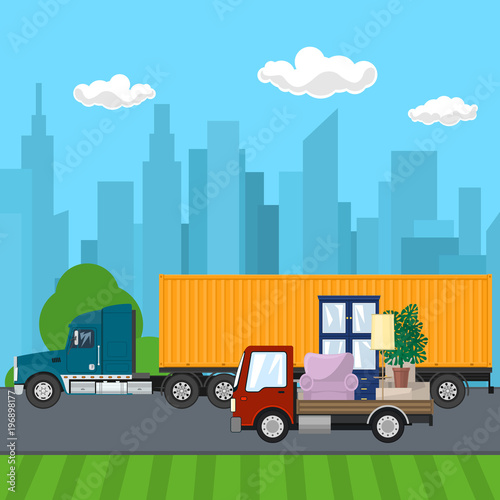 Road Transport and Logistics, Truck and Small Cargo Van with Furniture Drive on the Road on the Background of the City, Transport Services, Vector Illustration