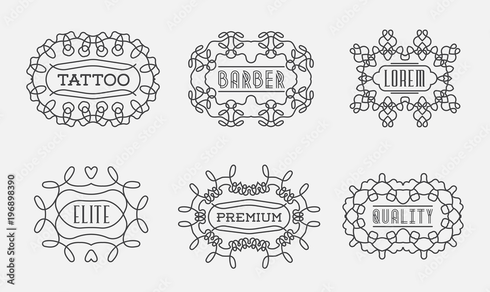 Set of Luxury Insignias Logotypes Template Retro Design Line Art Vintage Style Victorian Swash Elements Raster Collection