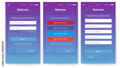 Account register or authorization, interface for touchscreen mobile apps. Entrance via login, password and social network. Application UI design elements, kit of UX Screen