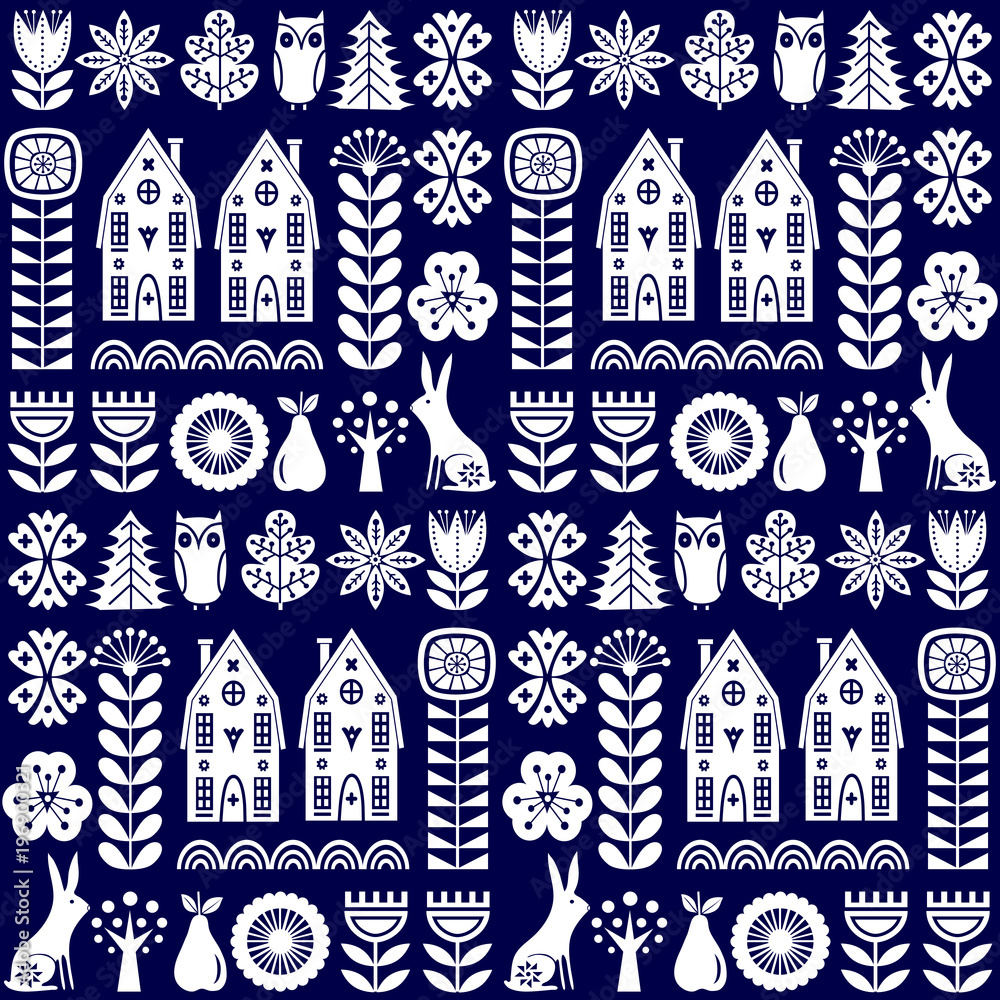 Scandinavian folk art seamless vector pattern with flowers, trees, rabbit, owl, houses with decorative elements and rural scenery in simple style - obrazy, fototapety, plakaty 