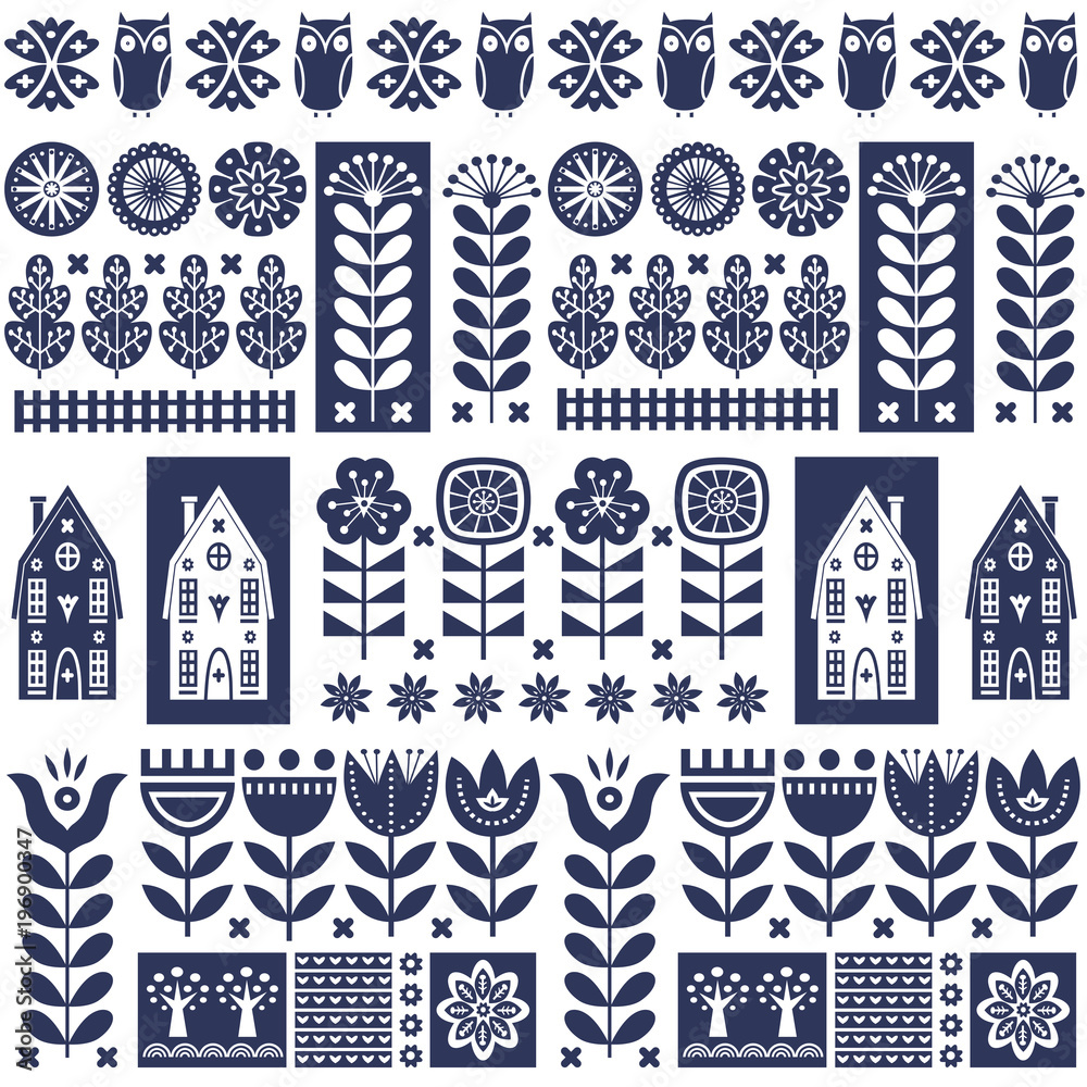 Scandinavian folk art seamless vector pattern with flowers, trees, owl, houses with decorative elements in simple style