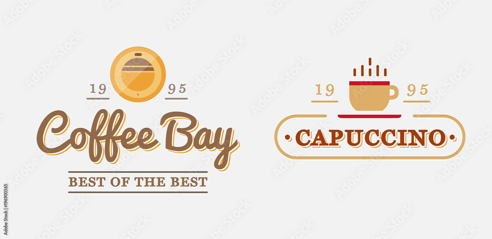 Set of Raster Coffee Logotype Templates and Coffee Accessories Illustration with Incorporated Icons with Fictitious Names