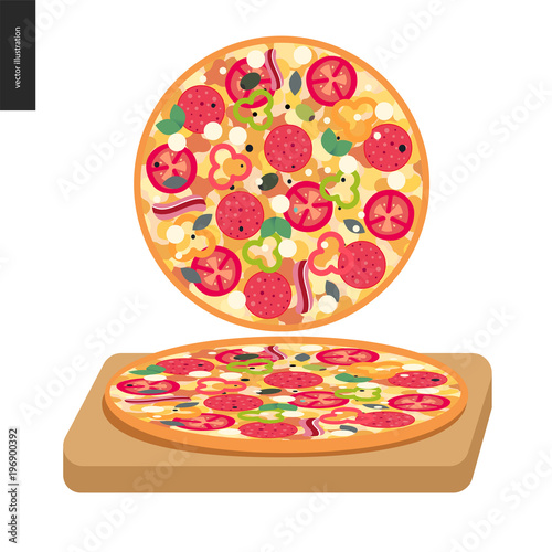 Italian restaurant set - pizza top view and pizza on a board