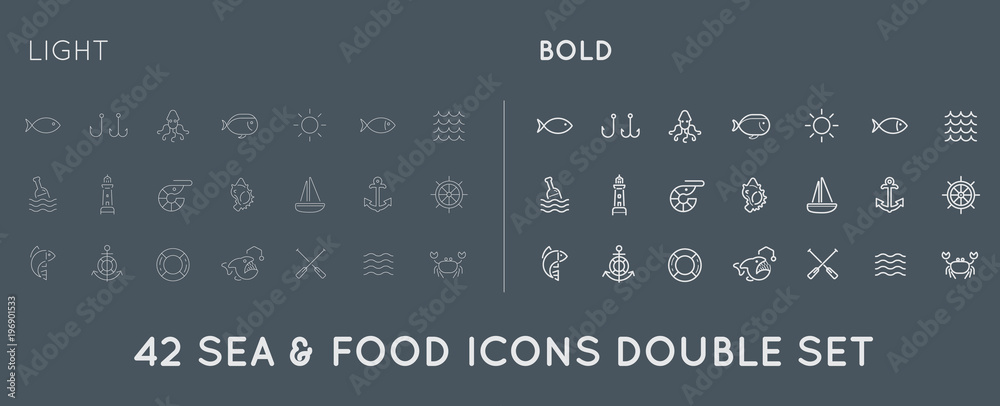 Set of Thin and Bold Raster Sea Food Elements and Sea Signs Illustration can be used as Logo or Icon in premium quality