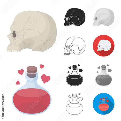 Black and white magic cartoon,black,flat,monochrome,outline icons in set collection for design. Attributes and sorceress accessories vector symbol stock web illustration.