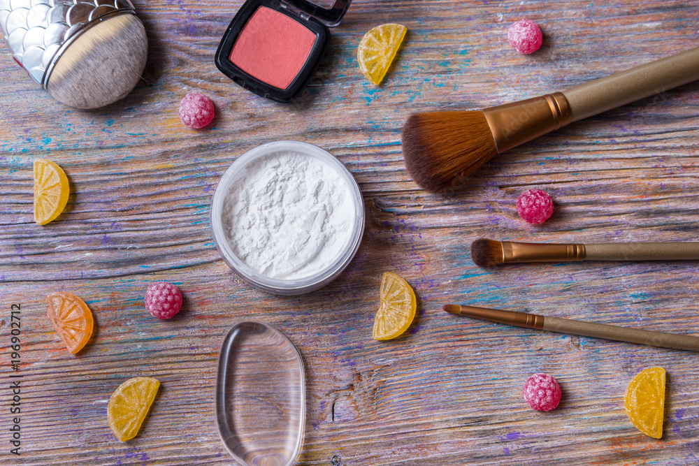 Make up cosmetic on wooden background Make up cosmetic on wooden background