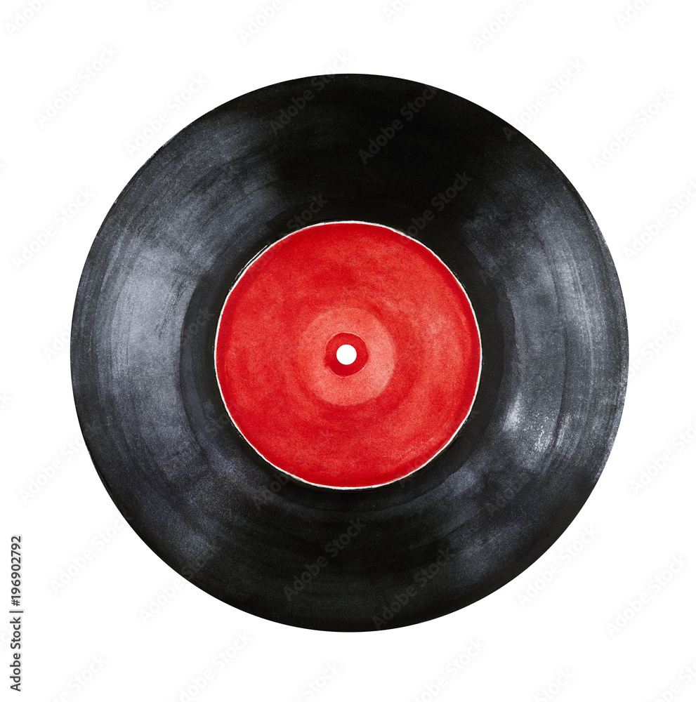 Round vinyl record with red label sketchy watercolour paint. Symbol of listening to the music, creativity, youth, media, disco, entertainment. Hand drawn water color element on white backdrop, cutout.