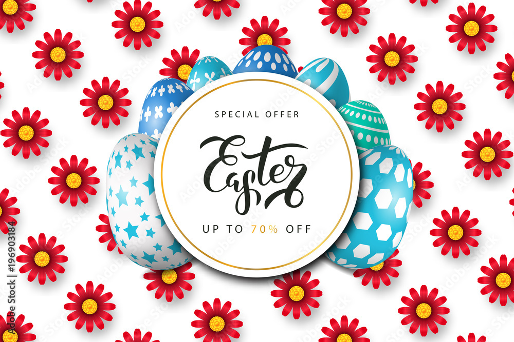 Vector realistic isolated poster for Easter sale with eggs for decoration and covering on the white background with flowers. Concept of Happy Easter. Vector realistic isolated poster for Easter sale with eggs for decoration and covering on the white background with flowers. Concept of Happy Easter.