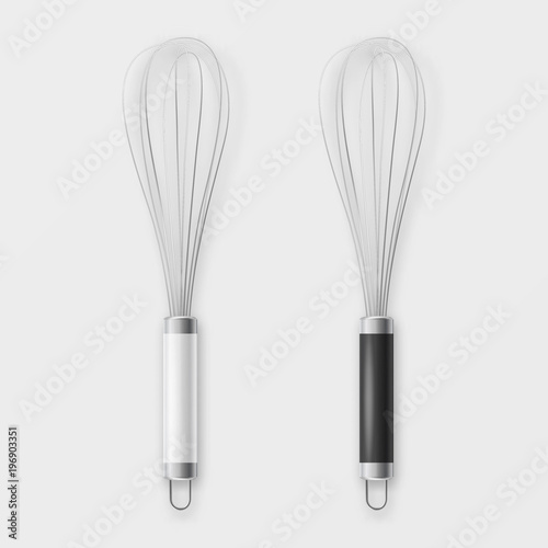 Vector realistic 3D metal wire steel whisk icon set closeup isolated on white background. Cooking utensil, egg beater. Design template for graphics, mockup