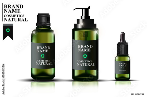 Collection of green glass bottles with pipettes, bottles with oil for face. Cosmetic template, realistic cosmetic bottle, spray in a glass bottle