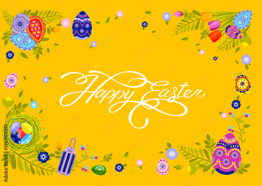 Banner inscription hand lettering calligraphy Happy Easter nest with colored eggs, spring tulip yellow background Banner inscription hand lettering calligraphy Happy Easter nest with colored eggs, spring tulip yellow background